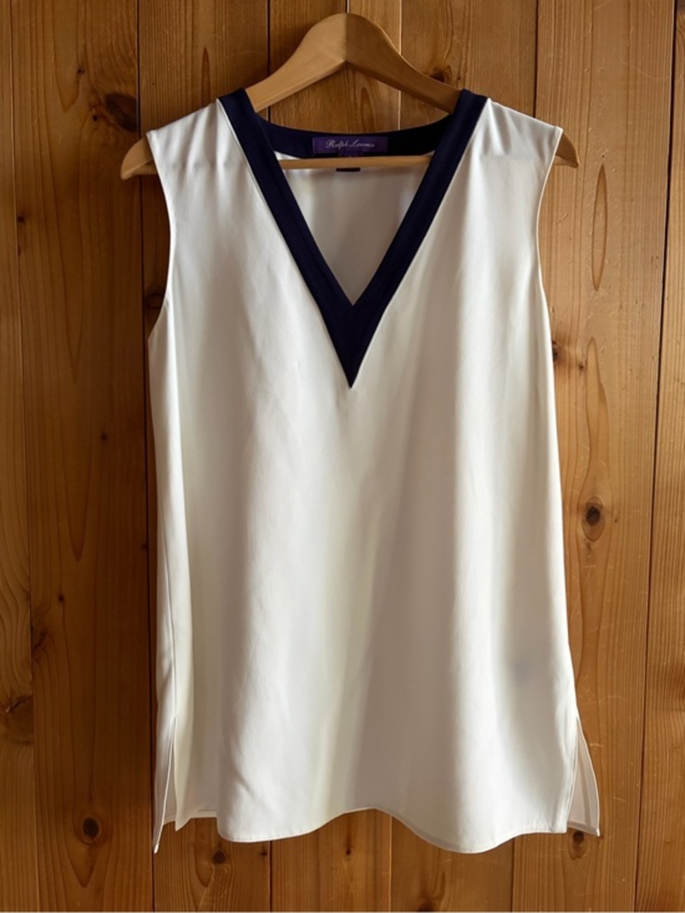 Ralph Lauren Purple Label White Blouse with Navy Trim 6
